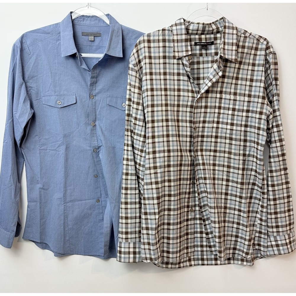John Varvatos‎ Mens L Shirt Lot 2 Blue Solid & Plaid Button Front $348